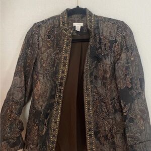 Chico's Black and Brown Embellished Blazer open front sequins beads tapestry